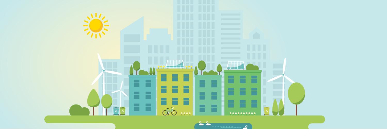 Illustration of city scape with sun and greenery