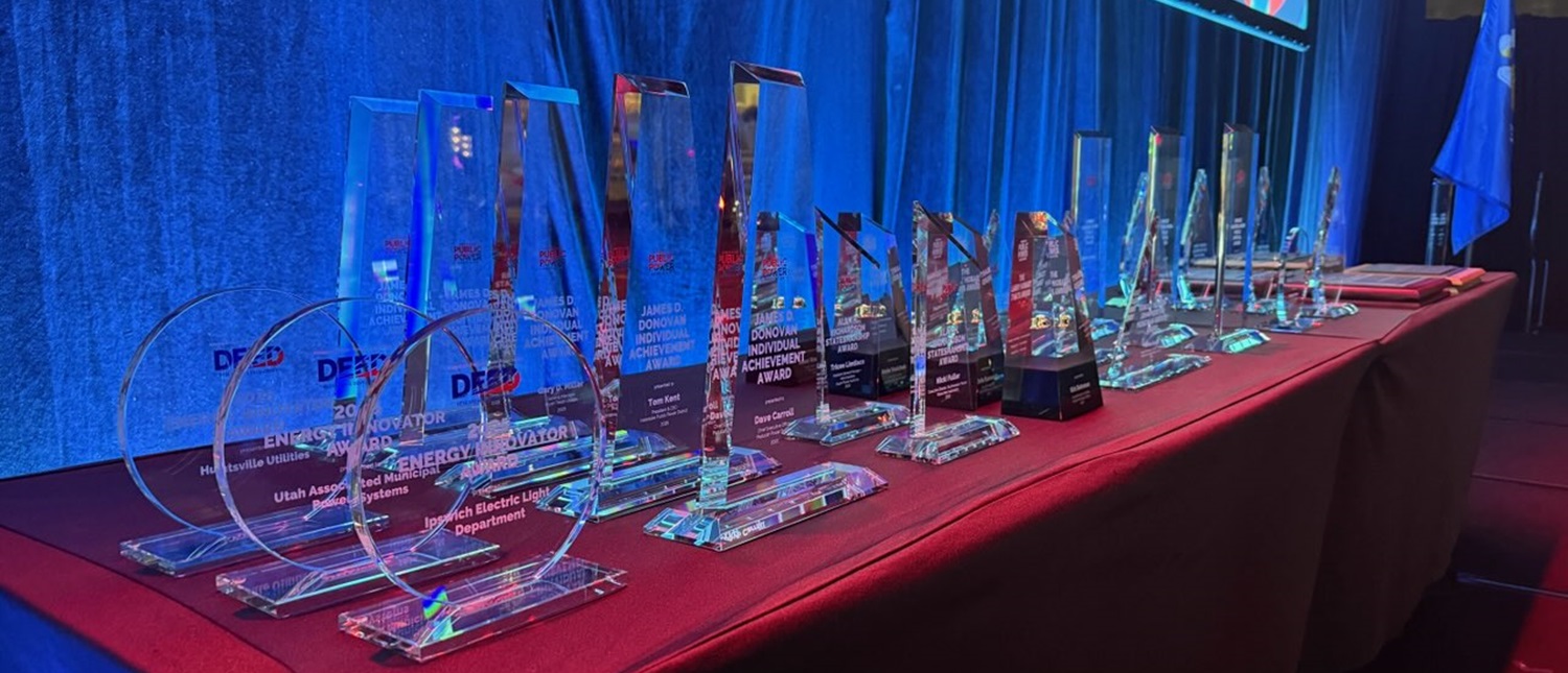 Public Power Awards on table on stage during ceremony, June 10, 2025