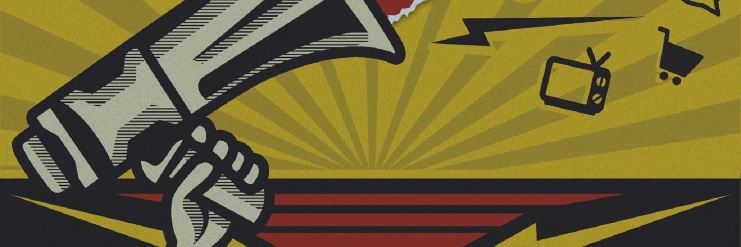 Stylized artwork with bullhorn and icons