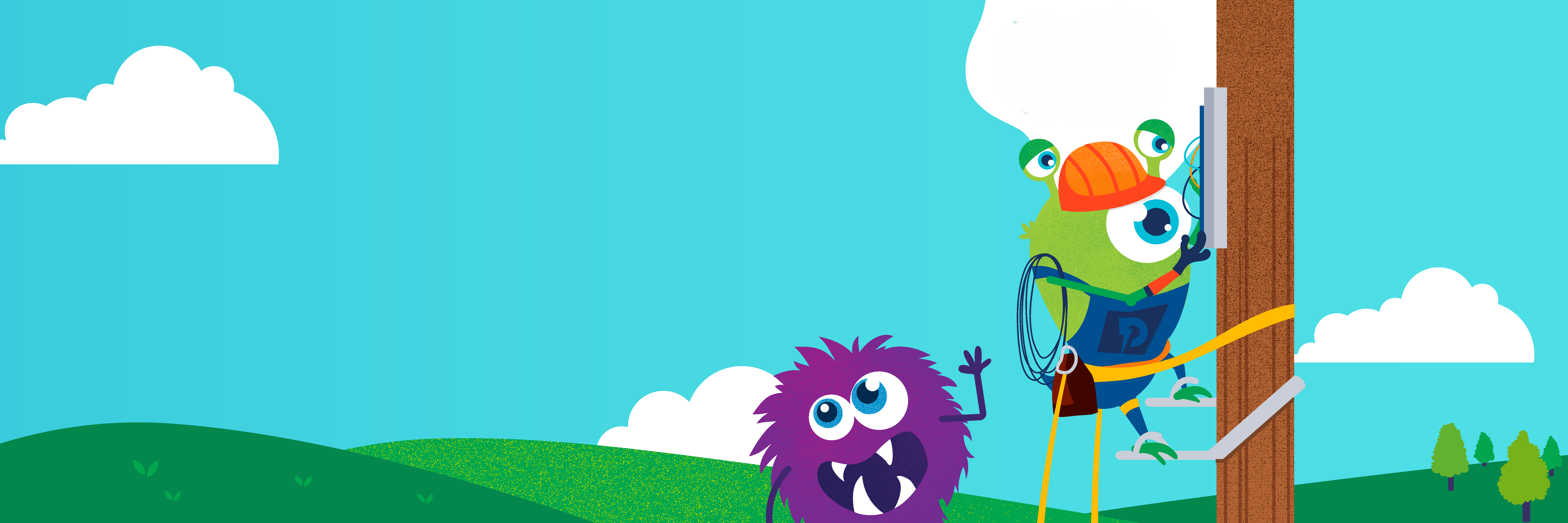 Two monsters from the Monster Detective Collective, one on a utility pole and the other waving