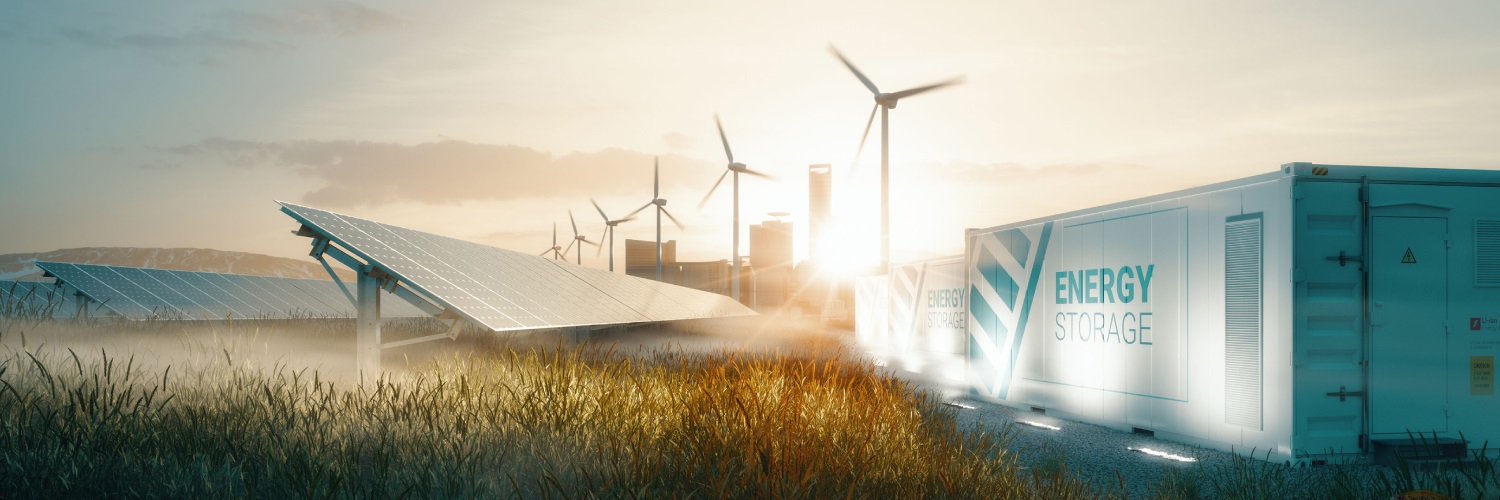 Energy storage facility with solar panels and wind turbines