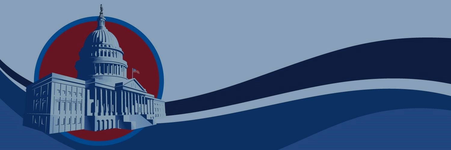 Red white and blue artwork featuring the U.S. Capitol Building