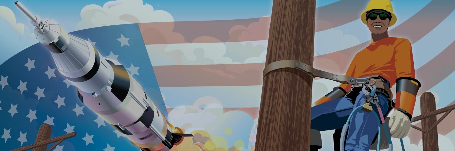 Images of a utility lineworker on a pole, a rocket launching, and the American flag against a blue sky background