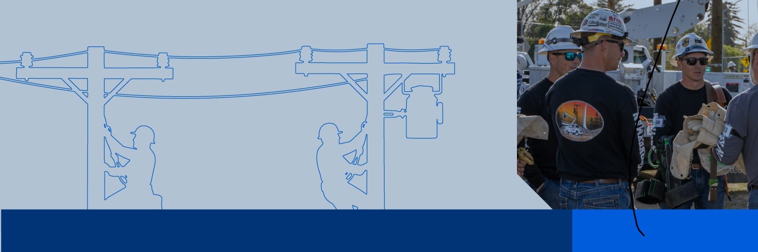 Banner featuring line illustration and a photo of utility lineworkers