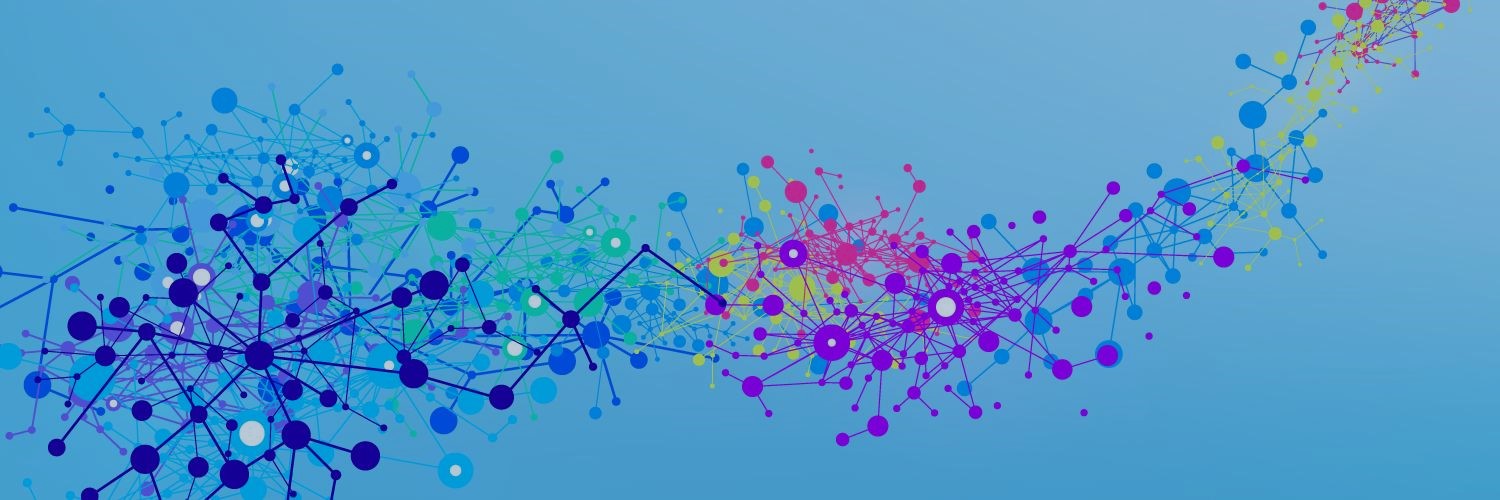 A banner with artwork symbolizing AI with colored dotes interconnected with lines