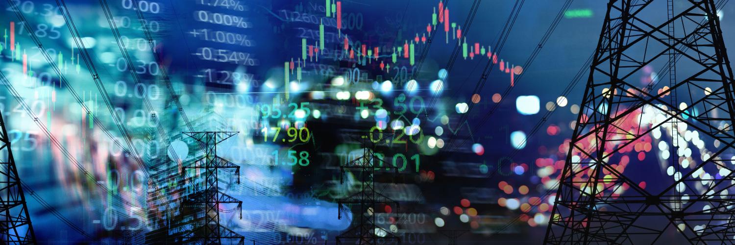 Transmission towers and power lines overlaid with financial market data and charts.