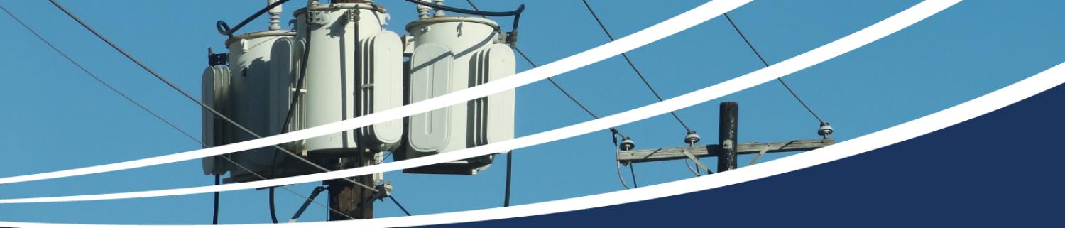 Close up of electric utility pole with transformers overlaid with white swoosh graphics