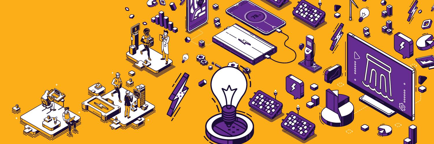 Graphic representing innovation in the energy sector, featuring battery storage, data tools, connected technologies, and collaborative problem-solving.