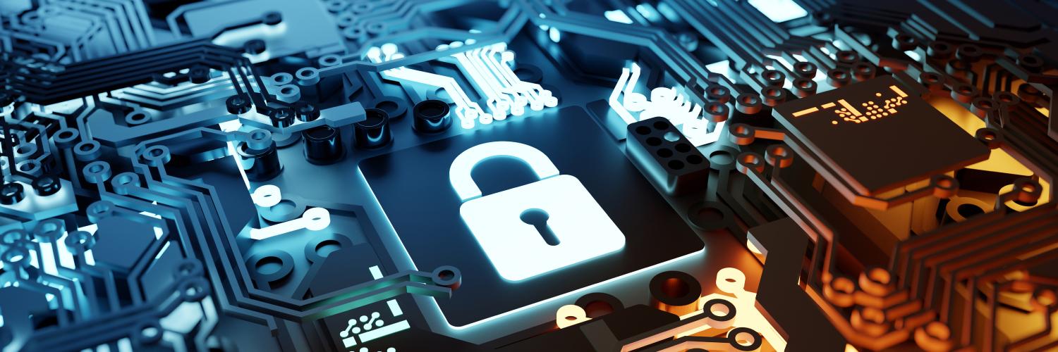 Glowing padlock icon embedded within illuminated digital circuitry