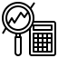 Black and white icon of calculator and magnifying glass