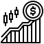 Black-and-white icon depicting an upward-trending line graph