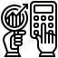 Black-and-white icon of a magnifying glass and a calculator