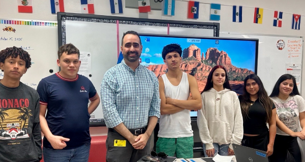 Julio Torrado with students at Key West High School (photo courtesy of KEYS Energy Services)