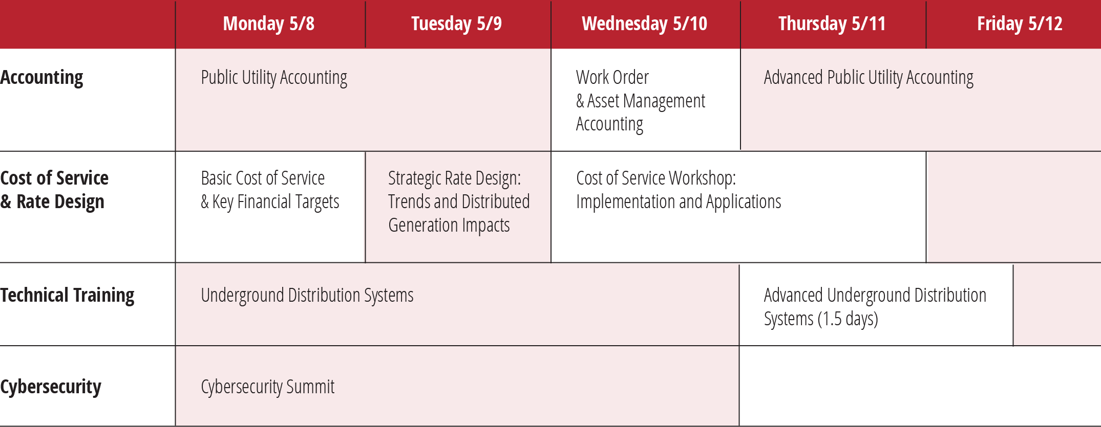 Course schedule at a glance