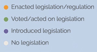 Legend: Yellow: enacted, Green: votged/acted on legislation, blue: introduced, gray: no legislation