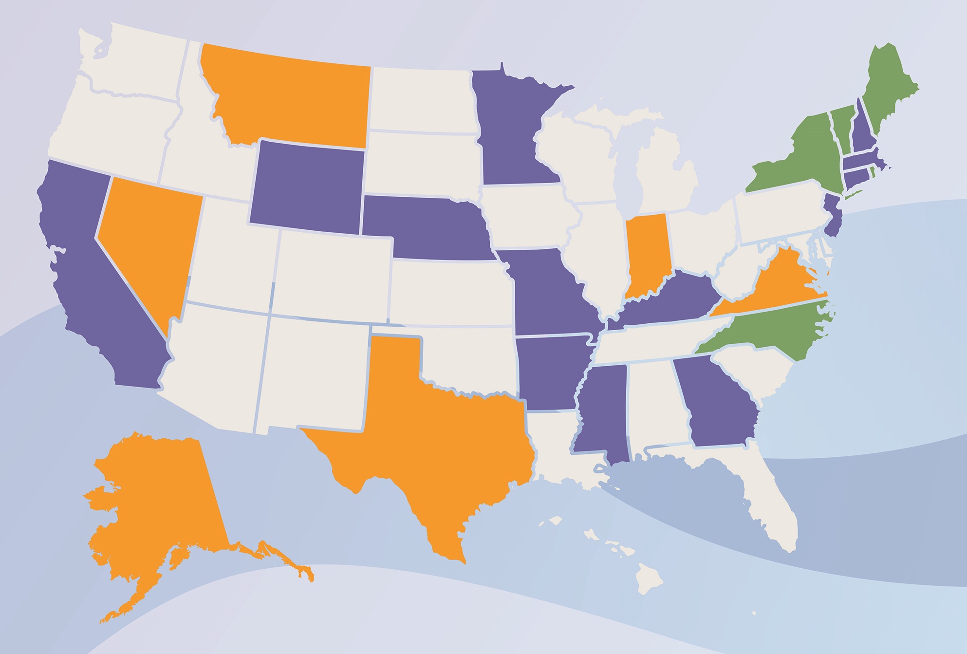 US map with states coded by action on net metering legislation