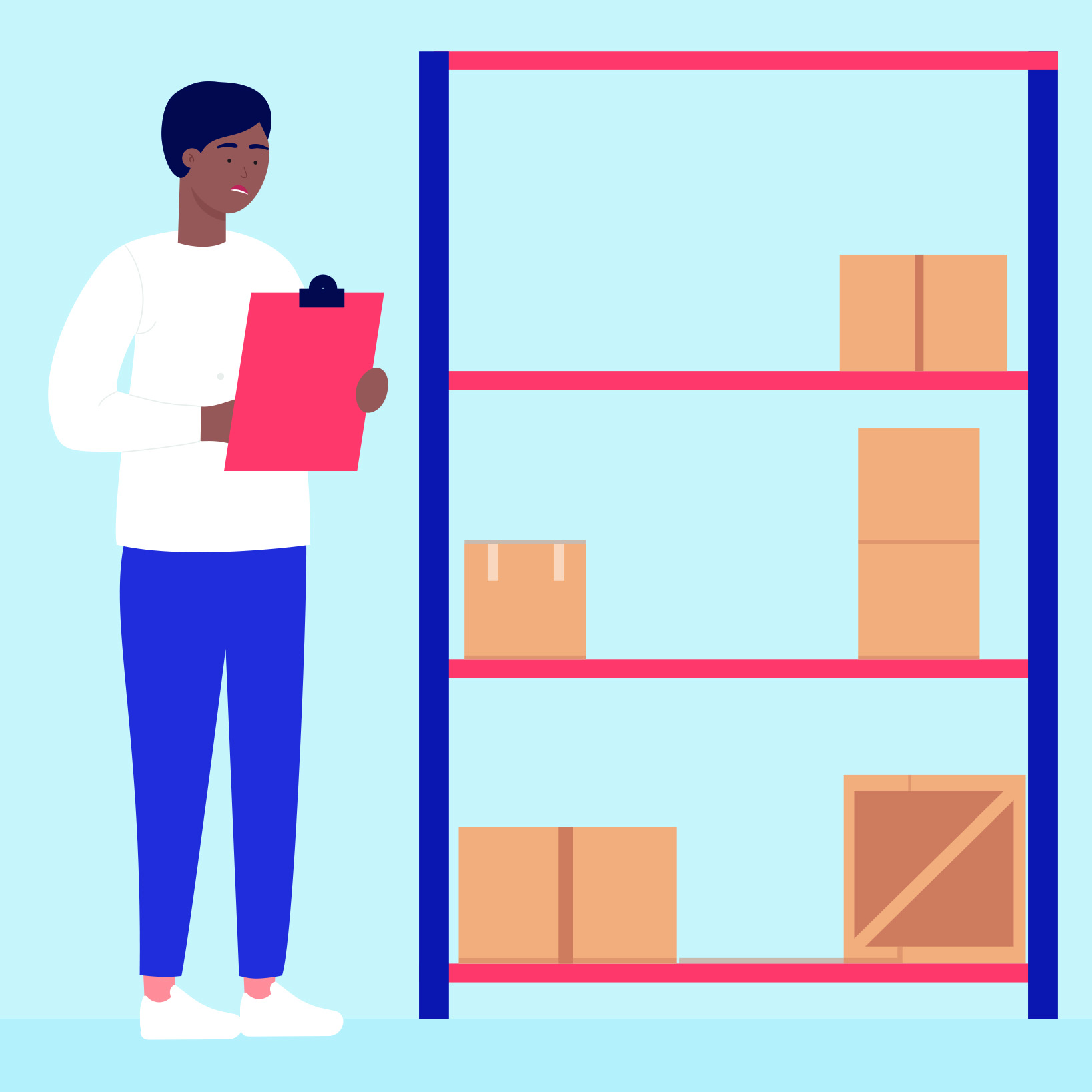 Person standing in front of empty shelves in warehouse
