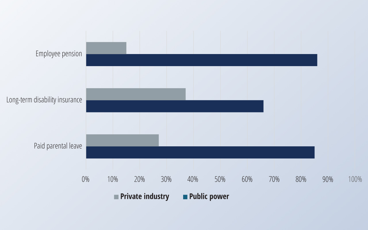 Bar graph showing how most public power utilities offer an employee pension, paid parental leave, and long-term disability insurance, compared to private industry employers, who largely do not offer these benefits