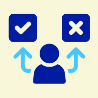 Icon of a person standing before a box with a checkmark and a box with the letter x