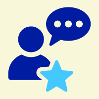 Icon with a person standing before a star and with a conversation bubble, representing someone with authority