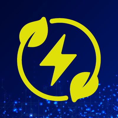 Electric bolt icon surrounded by two leaves forming a circle on blue background