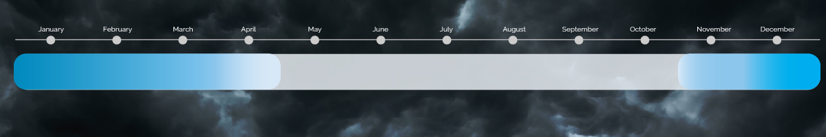 Light blue gradient line showing relative winter storm risk throughout the year, with December through February as the peak risk for freezing rain and heavy snow
