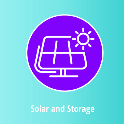Image of a solar panel underneath the sun above the text "Solar and Storage"