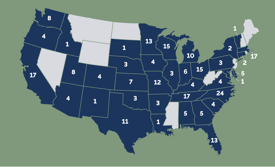 Map of mainland United States showing a count of utilities in each state with an RP3 designation as of 2026