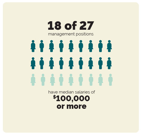 18 of 27 management positions have median salaries of $100,000 or more