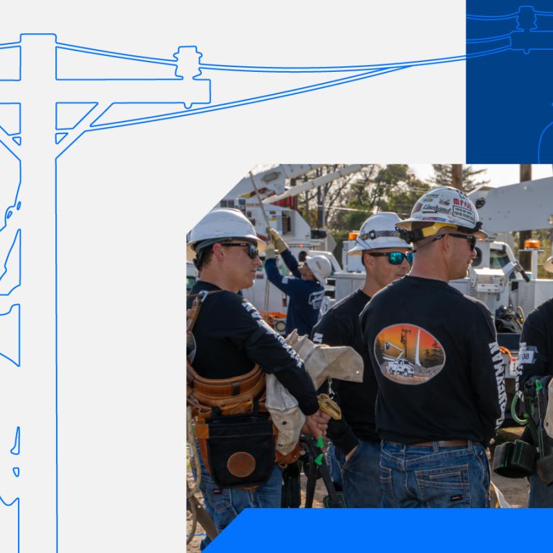 Line-drawing graphic of lineworker on a pole