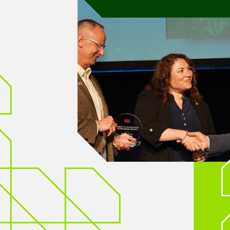 Photo of people shaking hands set against a green and white line-drawing graphic