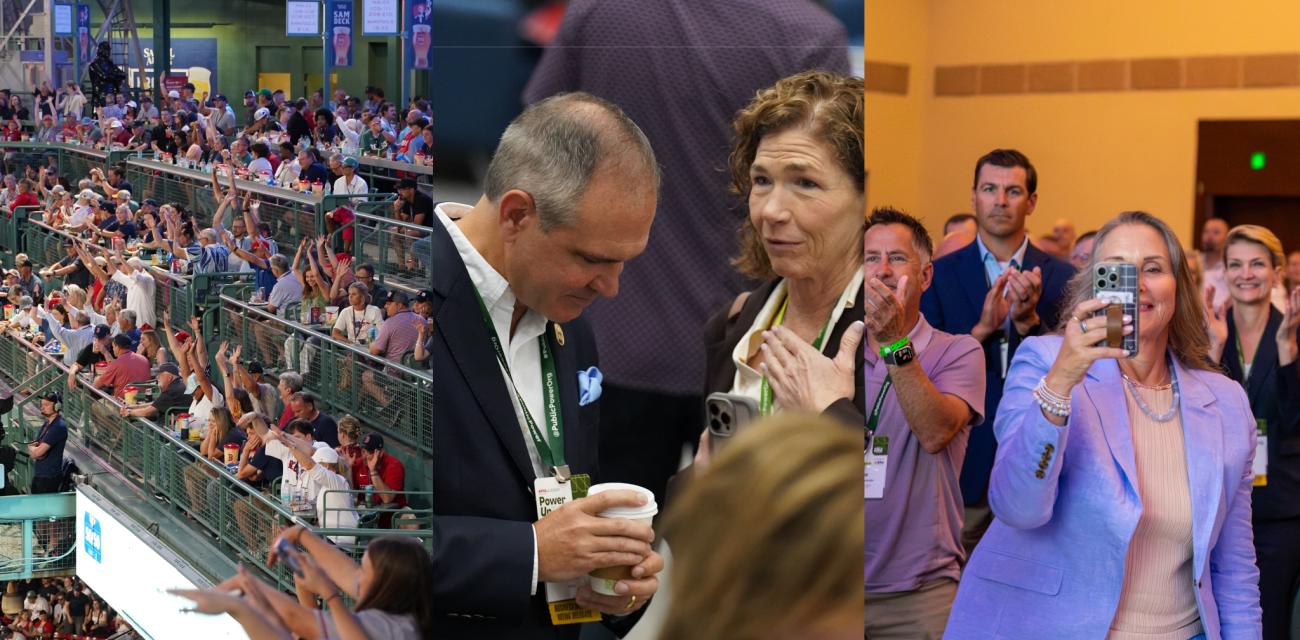 Collage of photos from the 2026 National Conference. From left to right: fans cheer at Fenway Park; people talk in the conference expo hall; a person takes a photograph during a general session.