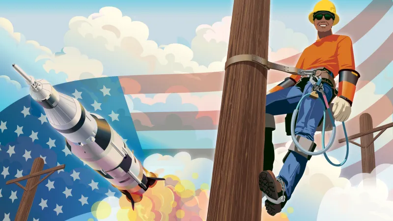 Graphic of a ineworker on a power pole next to a rocket