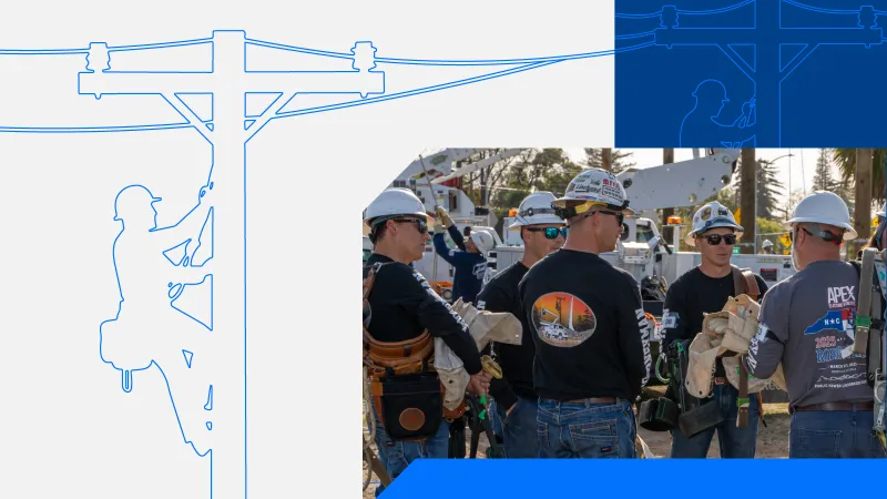 Line-drawing graphic of lineworker on a pole