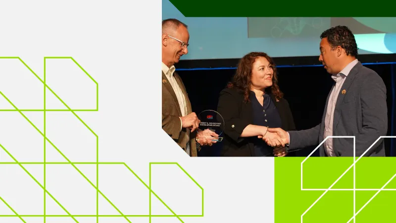 Photo of people shaking hands set against a green and white line-drawing graphic