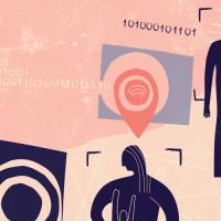 Silhouettes of people surrounded by eyes, suggesting surveillance