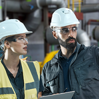 Three people in hardhats in a power plant
