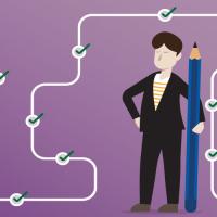 Person standing in middle of path with arrows along it on a purple background