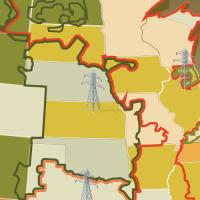 Section of U.S. map showing areas of high demand and high supply of electricity