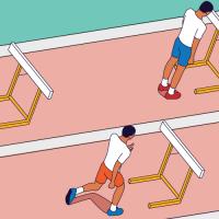 Six people on a racetrack with hurdles