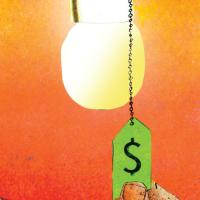 Three light bulbs in a line with pull cords that have a price tag at the end