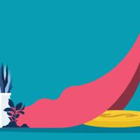 Man in a suit lifting up a red blanket, revealing a gold coin underneath