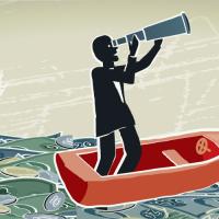 Person standing in an orange boat holding a telescope, floating on a sea made of money