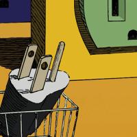 Man pushing a shopping cart with an electric plug on a scene of outlets