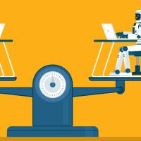 A robot and a business person sitting at desks at opposite ends of a scale