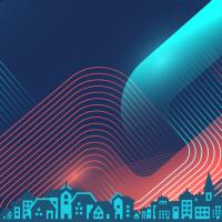 Array of pink and blue interweaving lines behind a graphic of buildings