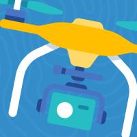 Graphic of drone carrying a camera on blue background