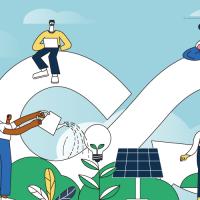 people around an infinity sign and renewable energy resources