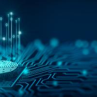 blue lights in the shape of binary code, a thumbprint and a circuit board