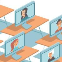 person standing in front of room of computer monitors with people on video chat